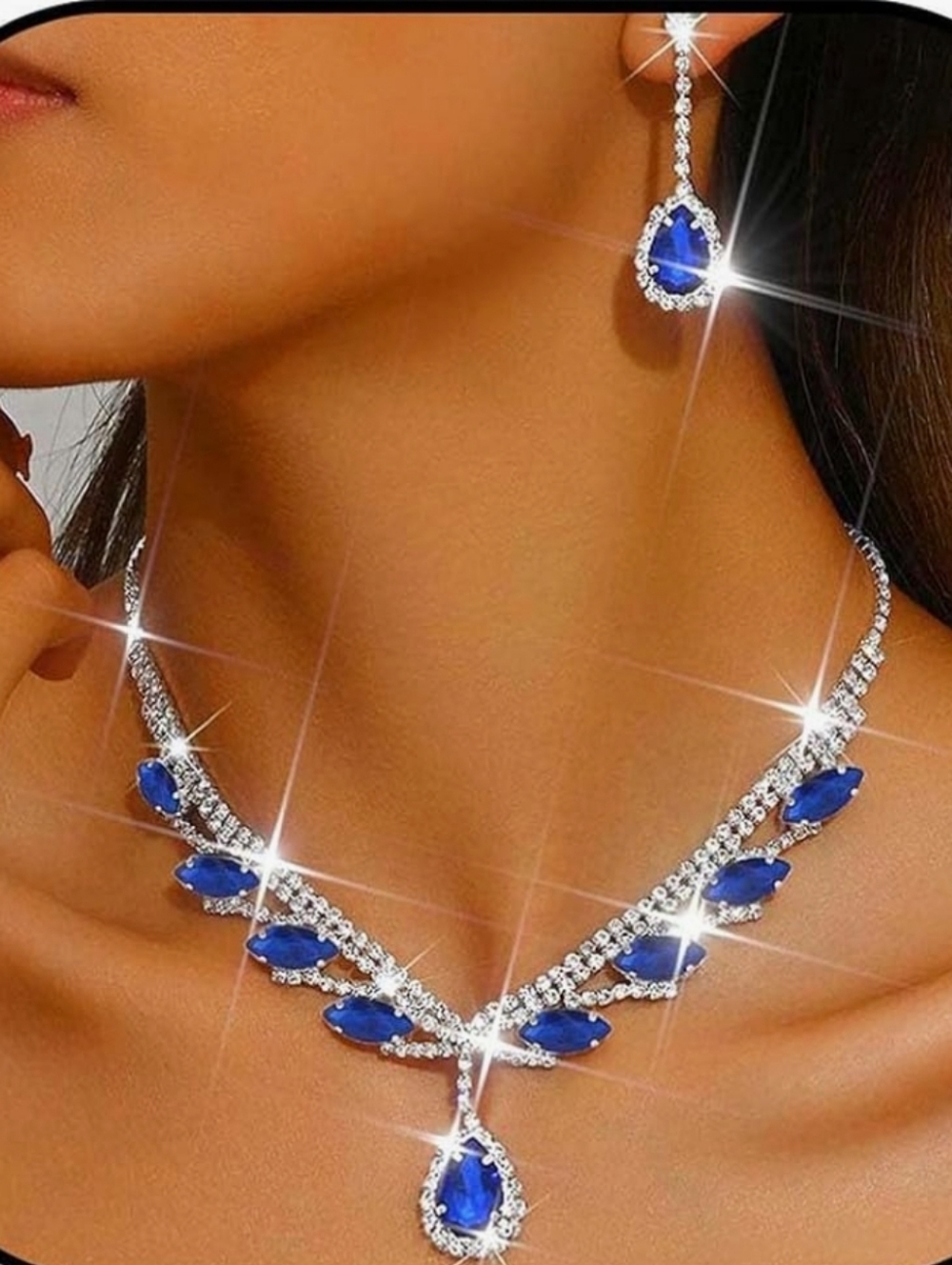Elegant Silver Necklace and Earring Set with Blue Stones - Women Jewelry